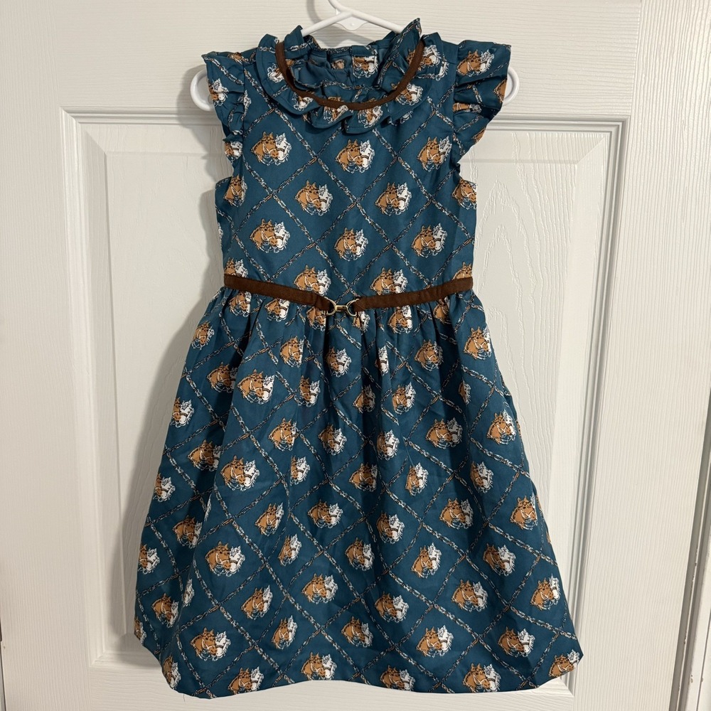 Janie and Jack Horse Equestrian Greenish Blue Dress Size 3